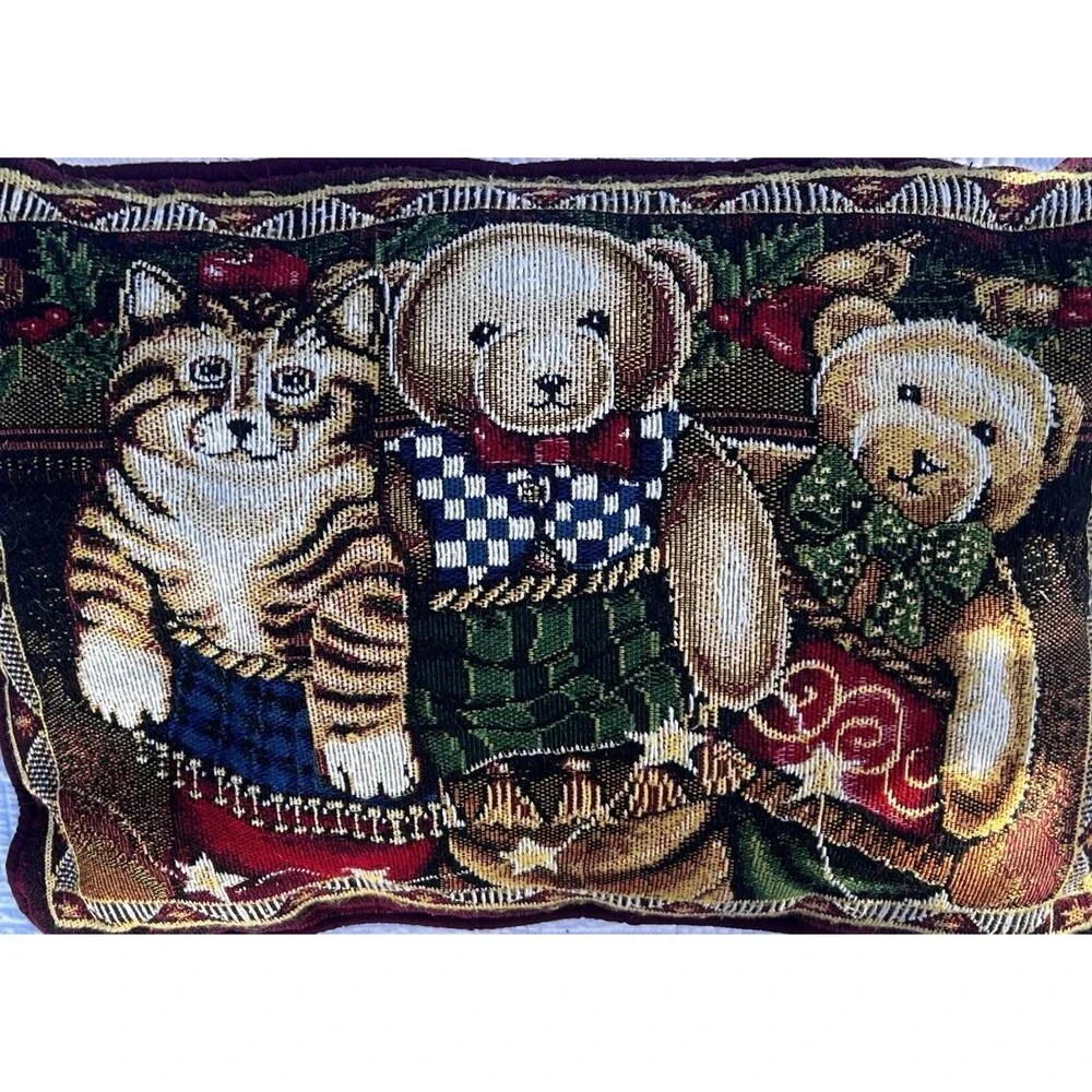 Vintage 1990s Teddy Bear Dog Cat Tapestry Throw Pillow Velvet Cottage Decor